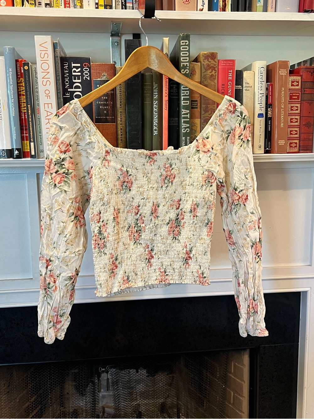 American Eagle Women's Floral Print Smocked Long Sleeve Square Neck Blouse